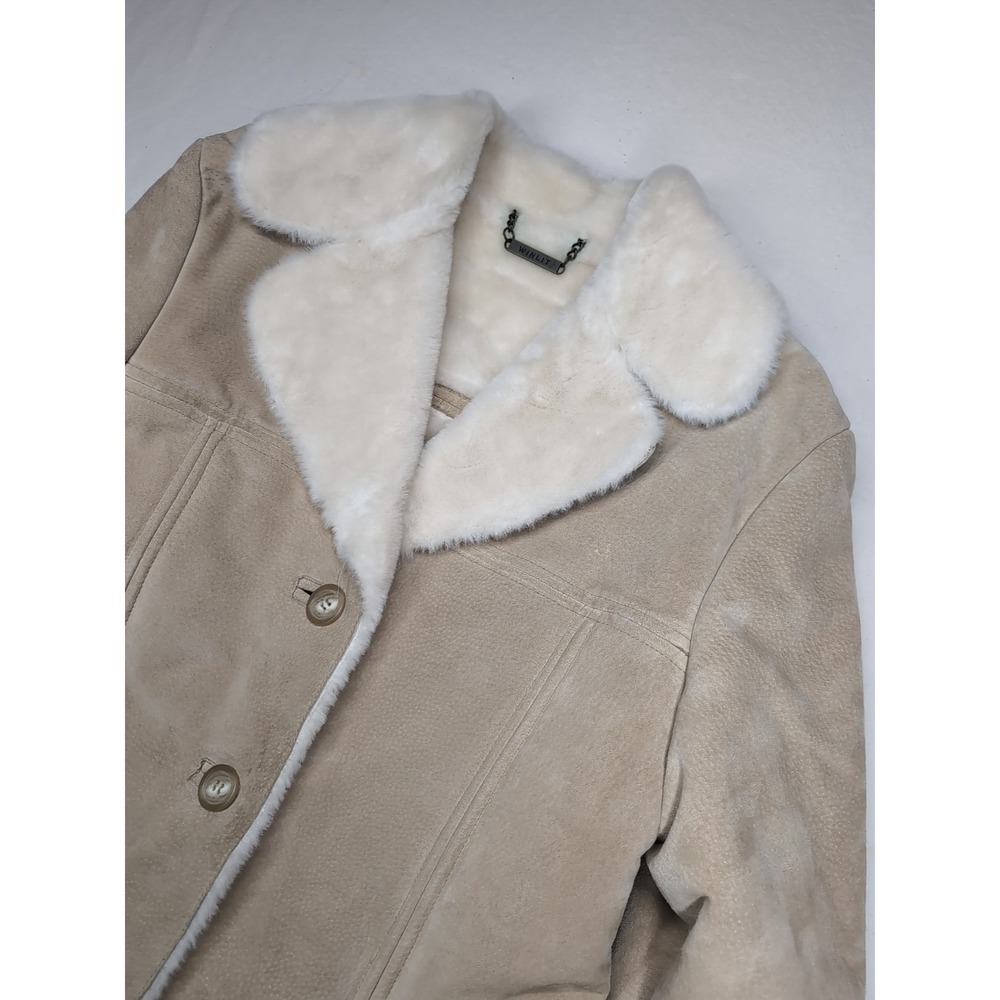 Winlit Women's Small Beige Leather Suede Faux‎ Fur Coat Jacket Vintage Y2k Warm